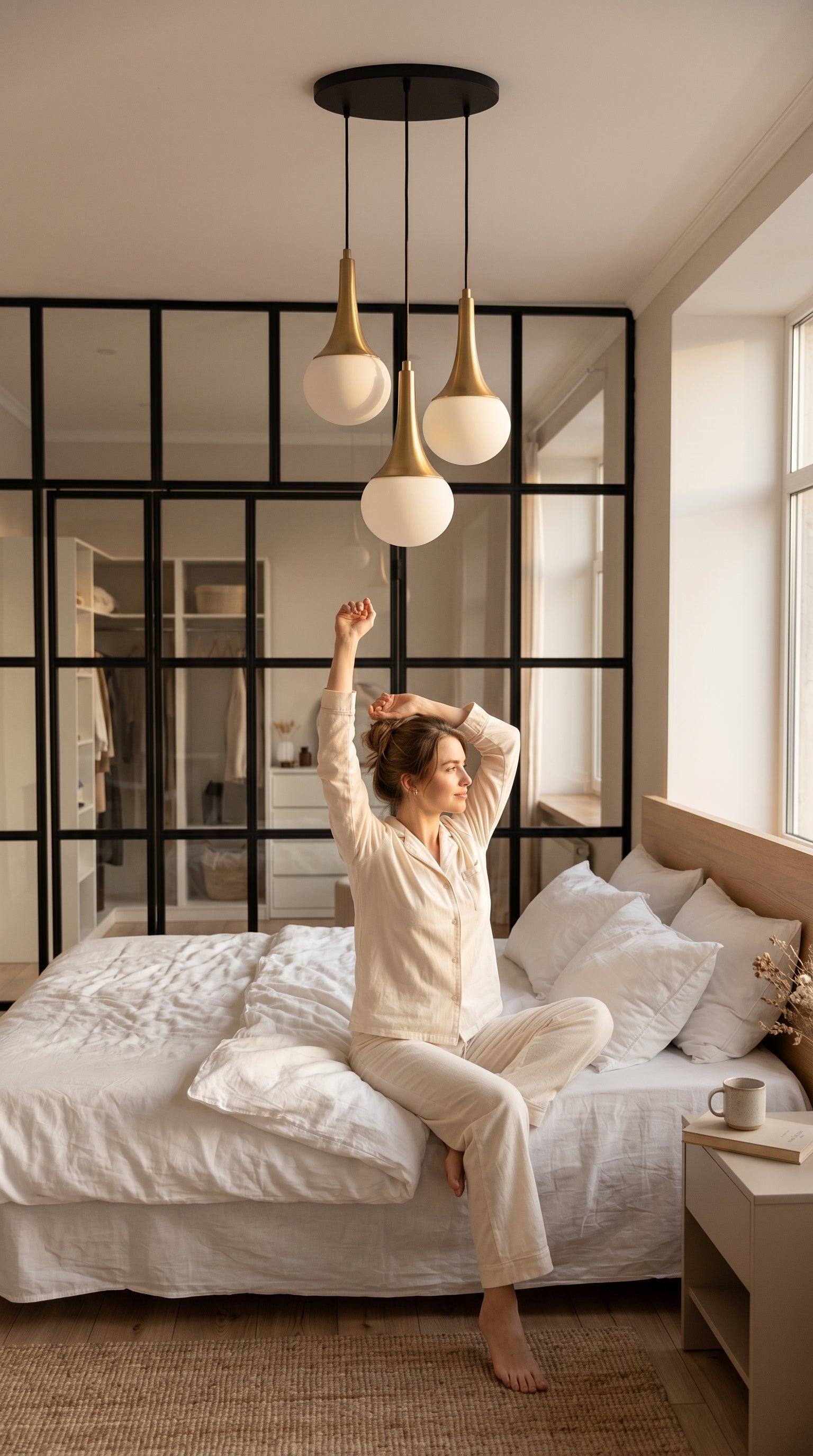 Lustre 3 globes opale blanc cols coniques dorés chambre verrière acier femme réveil matin – Lumidestock