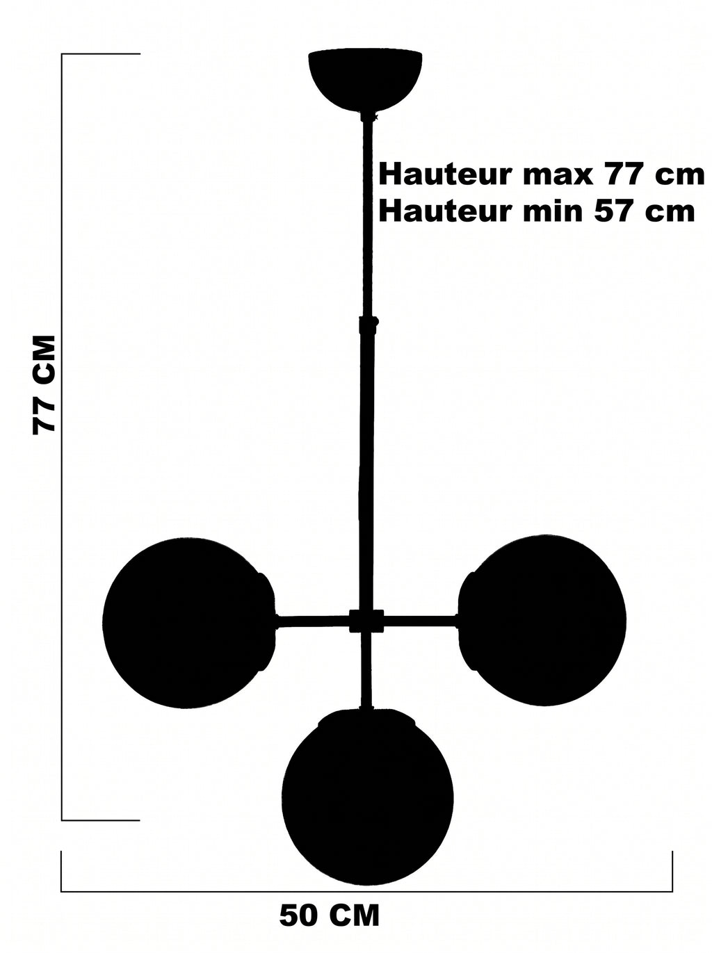 Schéma technique de la suspension 3 globes asymétrique largeur 50 cm