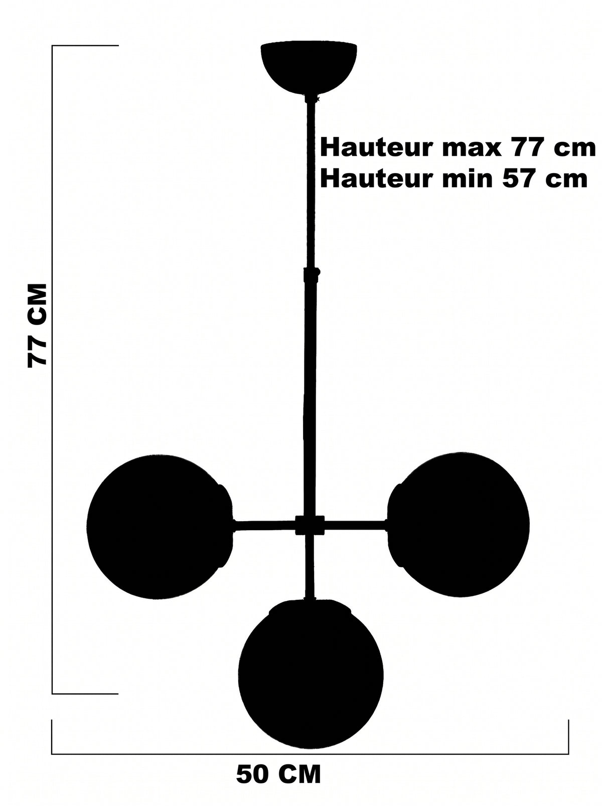 Schéma technique de la suspension 3 globes asymétrique largeur 50 cm