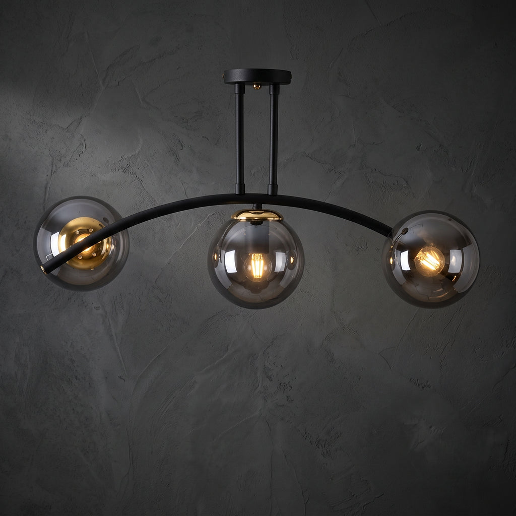 Plafonnier 3 globes fumés noir mat détails dorés design moderne IP40