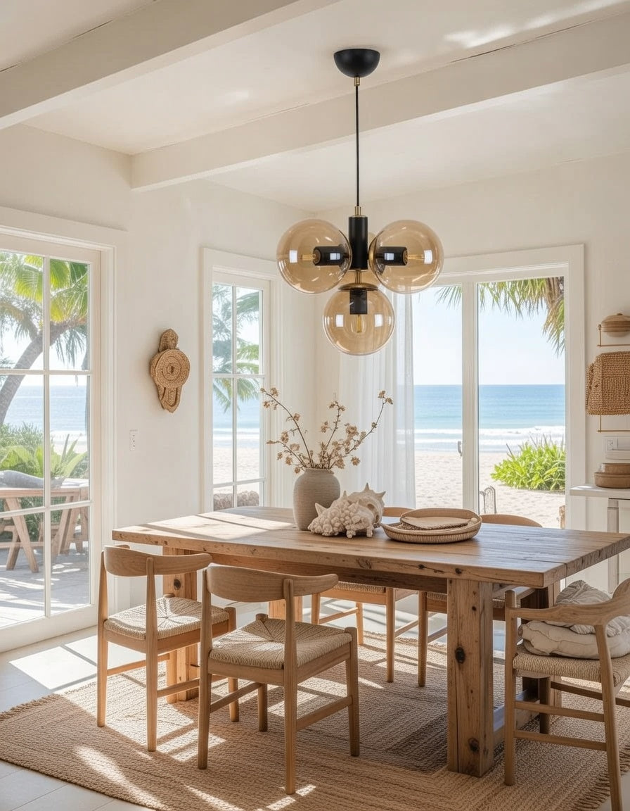 Suspension 4 globes ambré dans un salon contemporain