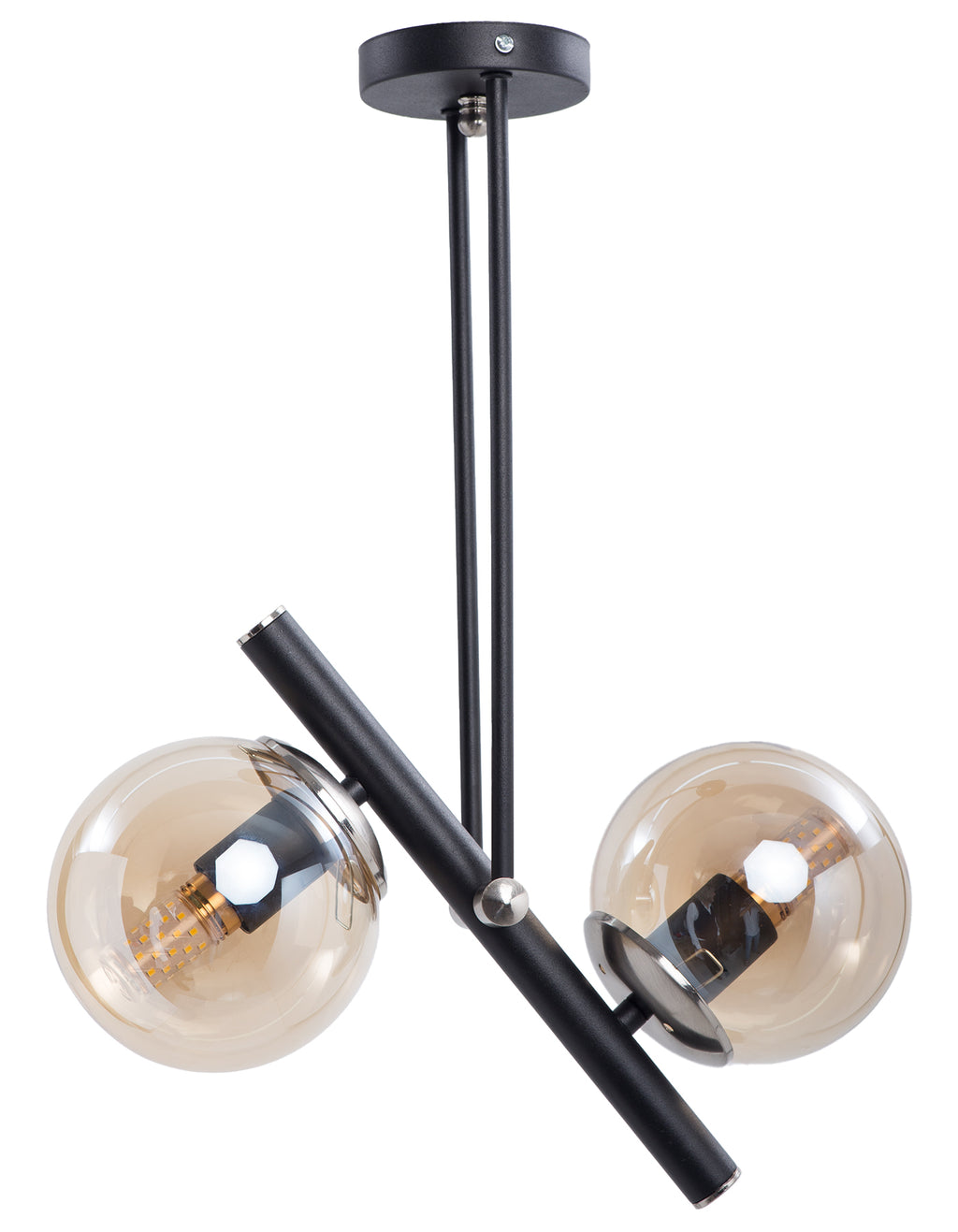 Lustre 2 globes en verre ambré sur structure noire asymétrique