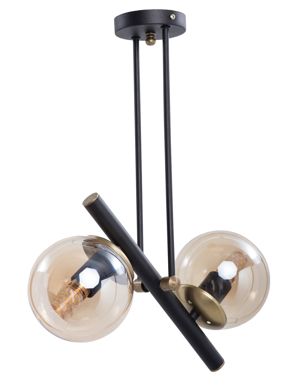 Vue diagonale du lustre 2 globes ambrés sur structure noire et détails dorés