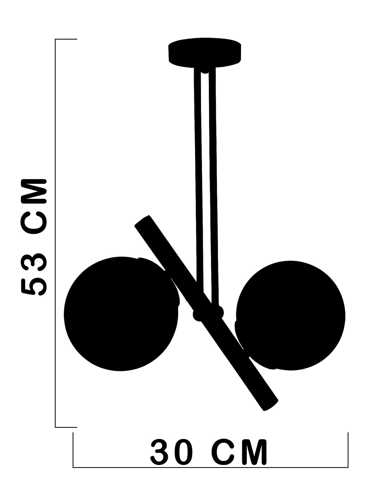 Schéma technique du lustre 2 globes, largeur 30 cm et hauteur 53 cm