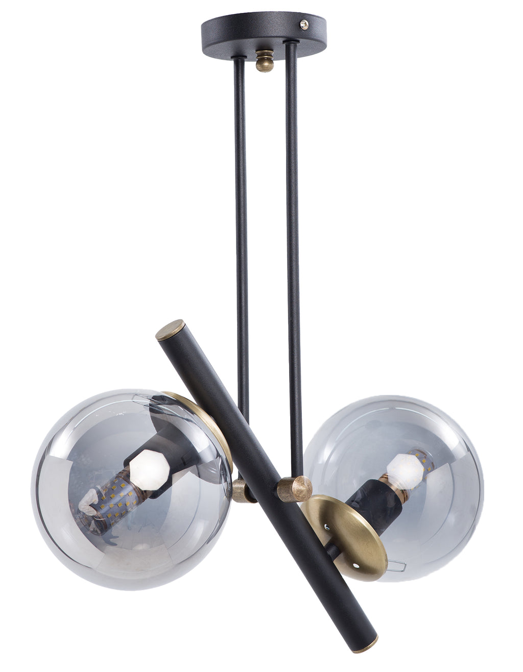 Vue de face du lustre 2 globes en verre fumé sur structure noire asymétrique