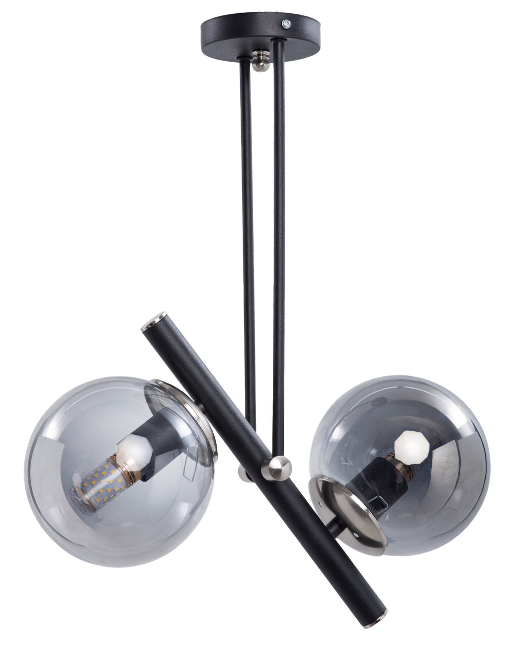 Lustre 2 globes en verre fumé avec structure noire diagonale