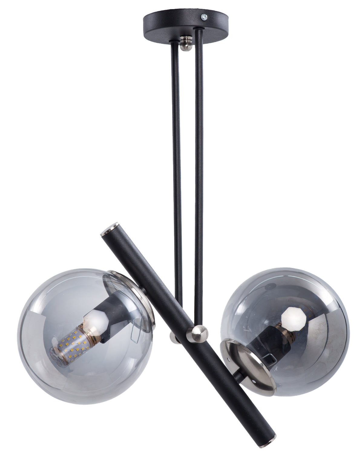 Lustre 2 globes en verre fumé avec structure noire diagonale