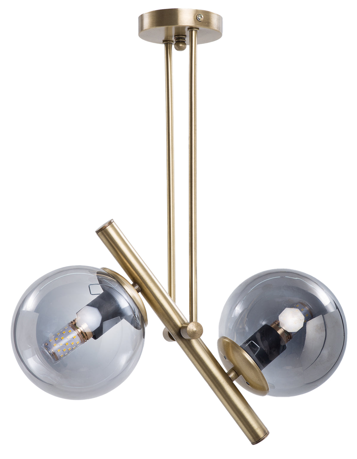 Vue en angle du lustre 2 globes fumés sur structure dorée diagonale