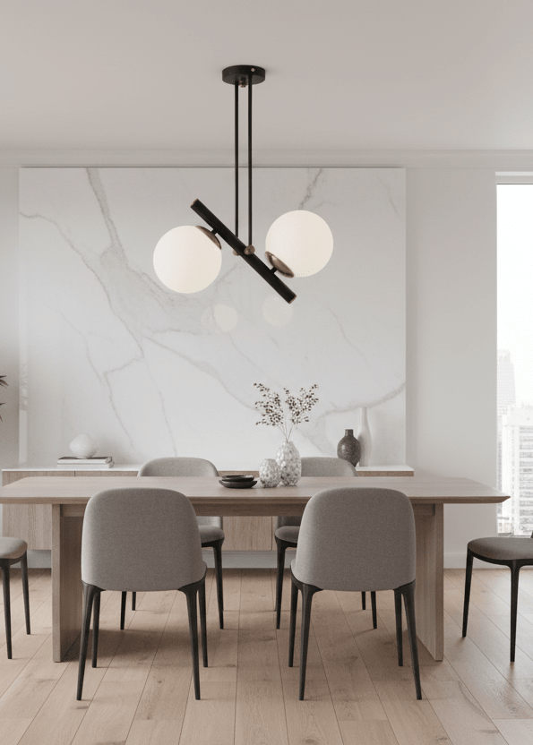 Lustre 2 globes en verre opale blanc installé au-dessus d’une table à manger