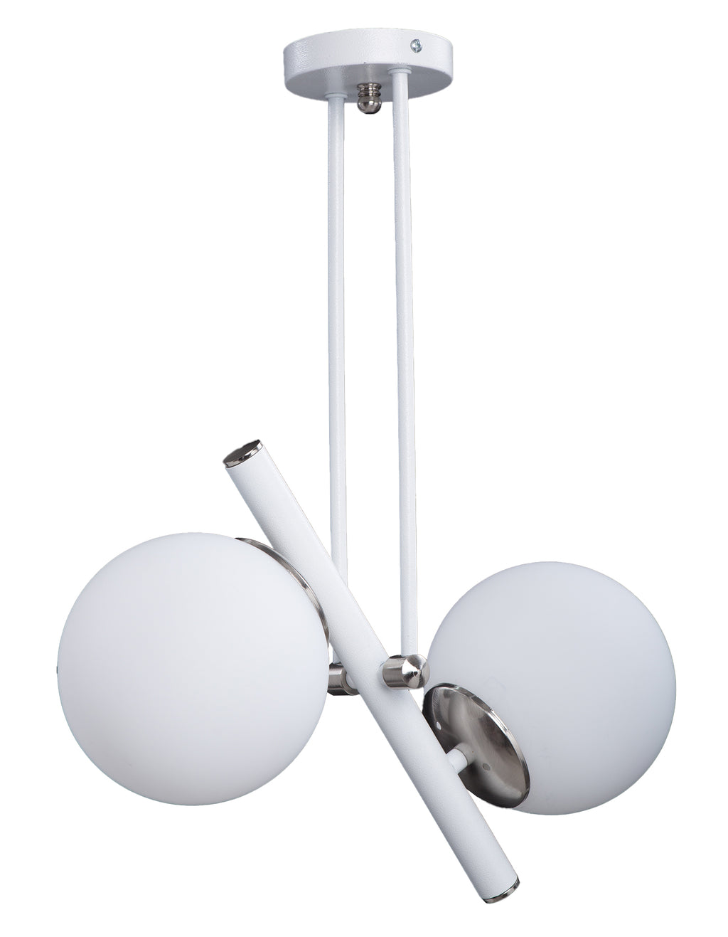 Vue en angle du lustre 2 globes opale blanc avec structure blanche et détails chromés