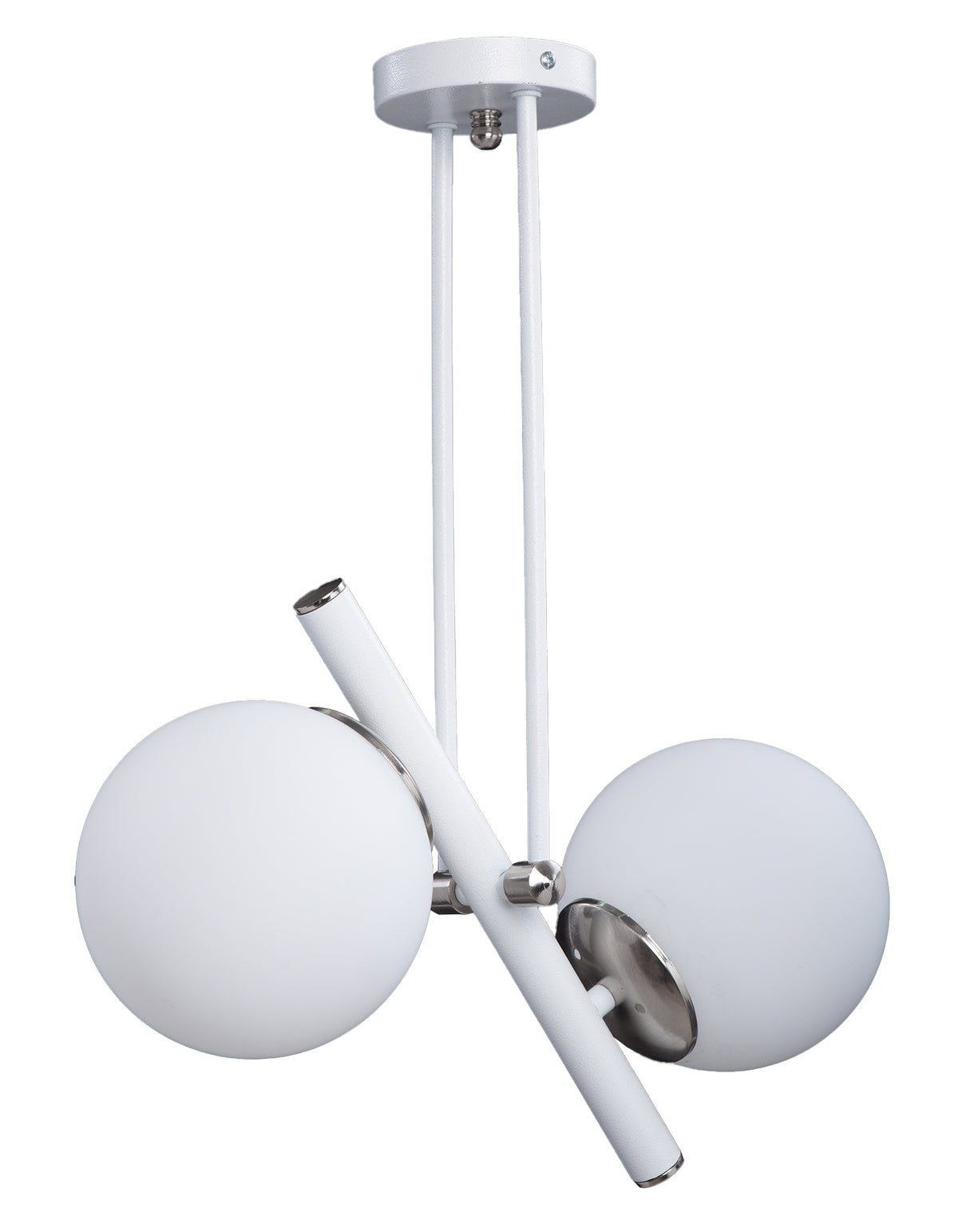 Vue en angle du lustre 2 globes opale blanc avec structure blanche et détails chromés