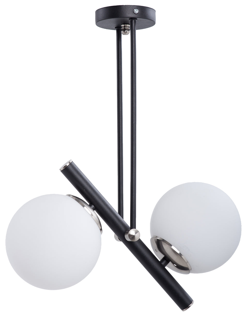Lustre 2 globes blancs disposés sur une structure noire diagonale