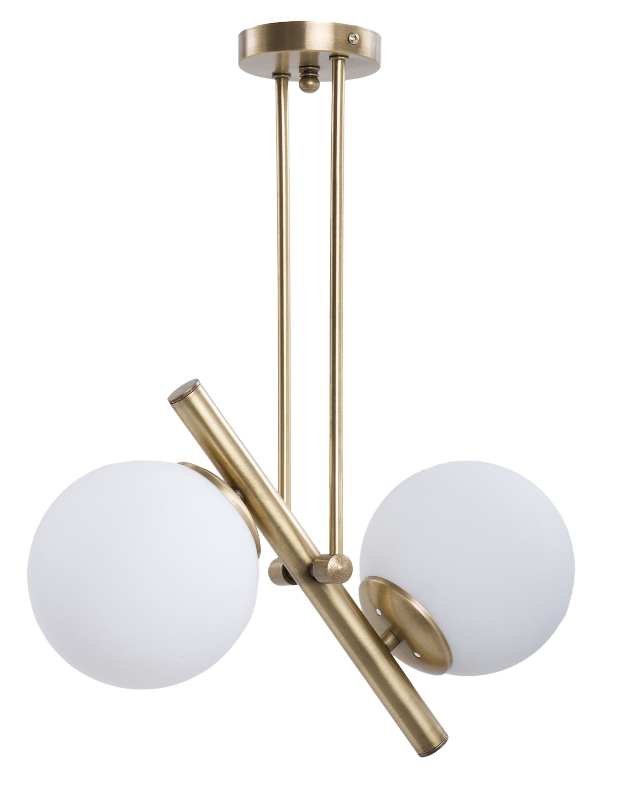 Vue en angle du lustre 2 globes opale blanc sur structure dorée asymétrique