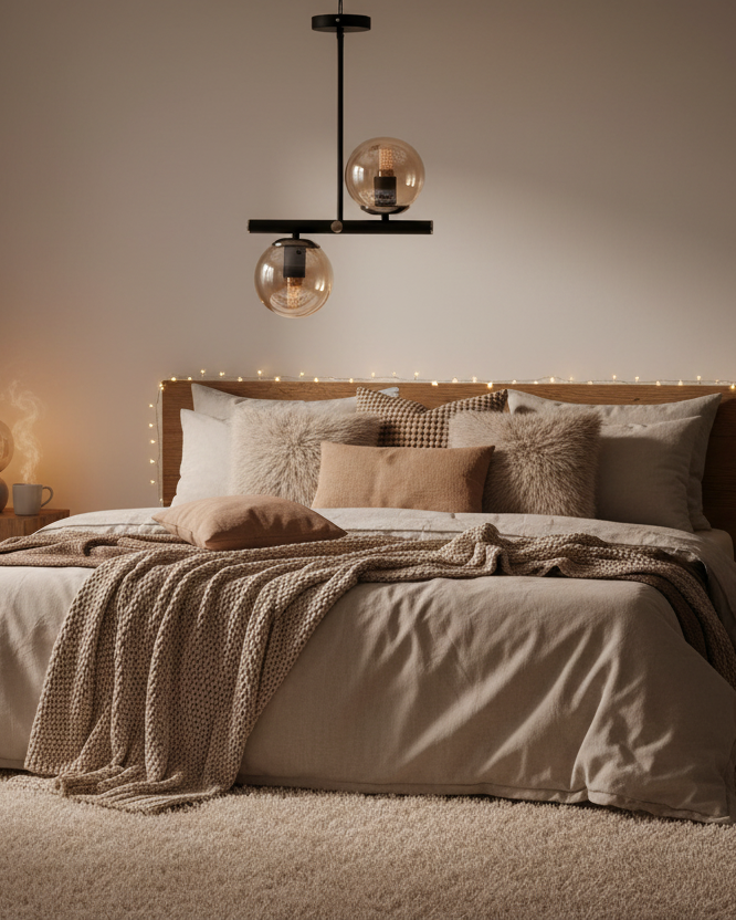 Lustre 2 lumières globes ambrés dans une chambre cosy