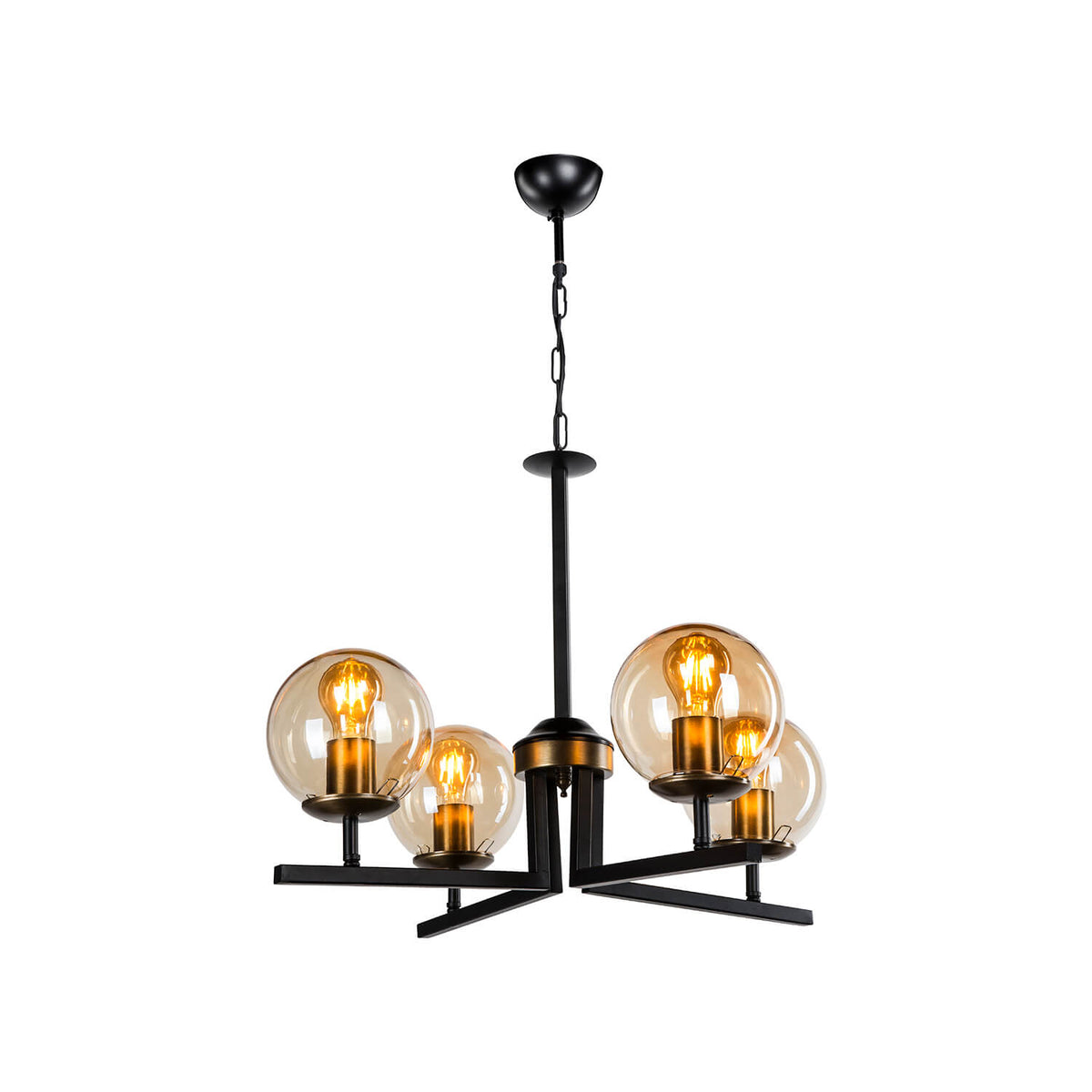 Lustre suspendu 4 globes en verre ambré allumé avec structure noir mat et détails dorés