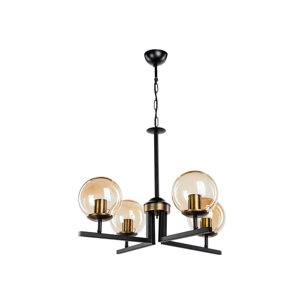 Vue du lustre suspendu 4 globes en verre ambré avec structure noir mat et détails dorés
