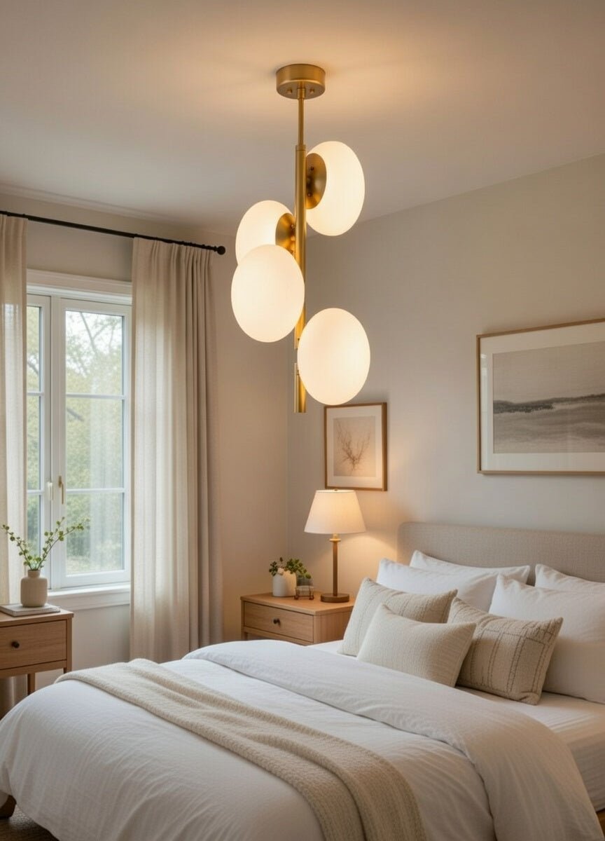 Lustre 4 globes blanc opale avec structure dorée installé dans une chambre