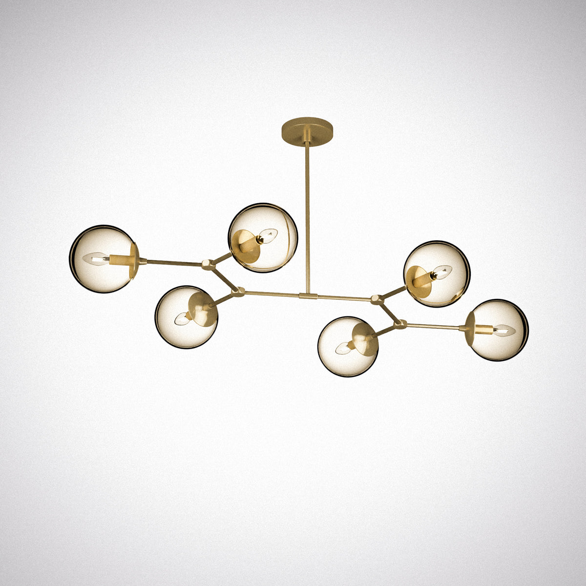 Vue d’ensemble du lustre 6 globes fumés et structure en métal doré