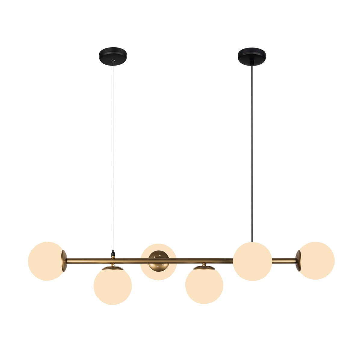 Vue de face du lustre suspendu 6 globes opale blanc de 124 cm