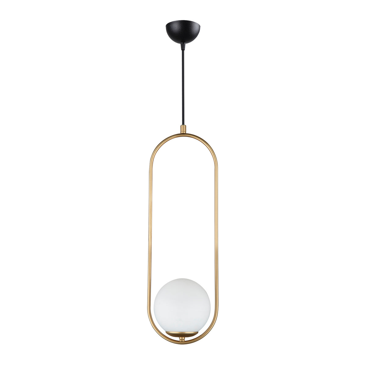 Vue de face du lustre suspendu cadre ovale doré avec globe en verre blanc opale