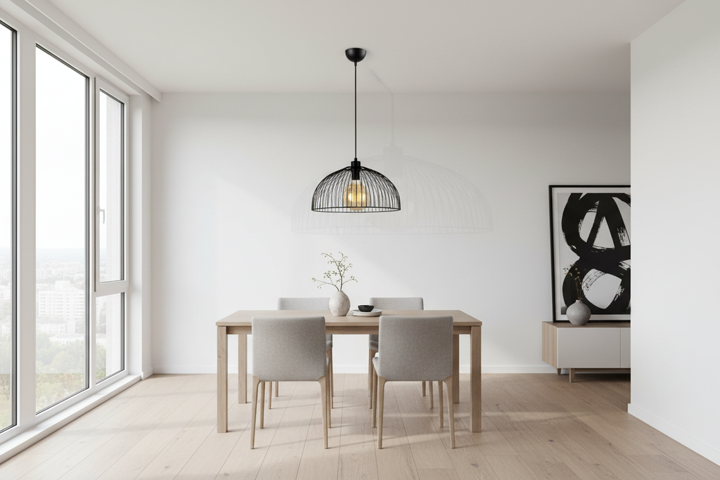 Lustre cage noir dans un appartement moderne