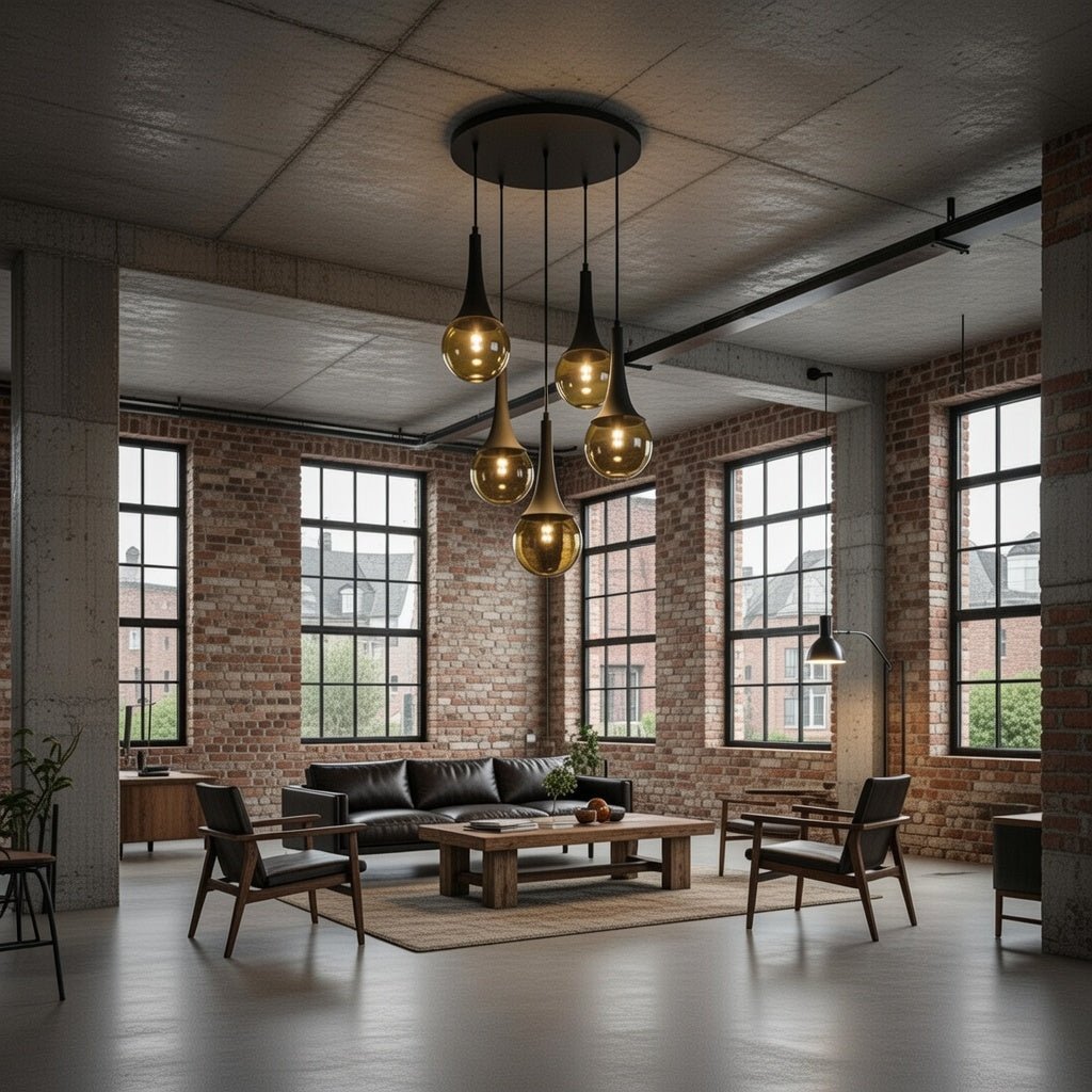 Lustre cascade 5 globes ambrés avec supports noirs installé dans un intérieur de style loft