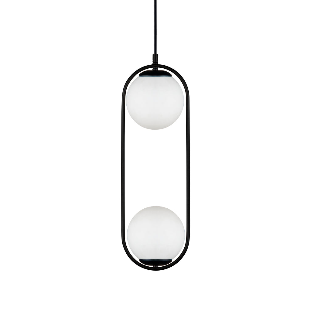 Vue de face du lustre suspendu double globe opale blanc avec structure ovale noire
