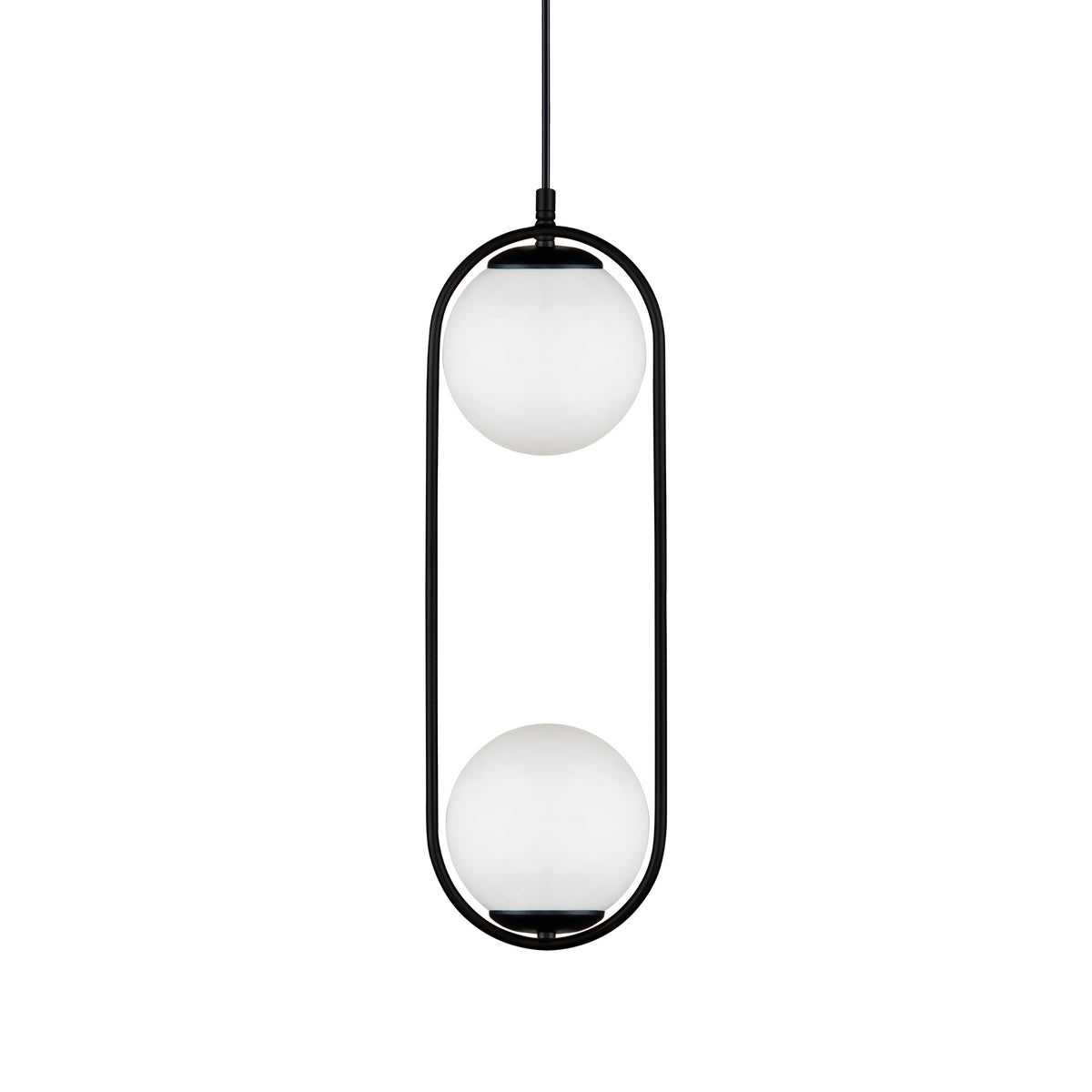 Vue de face du lustre suspendu double globe opale blanc avec structure ovale noire
