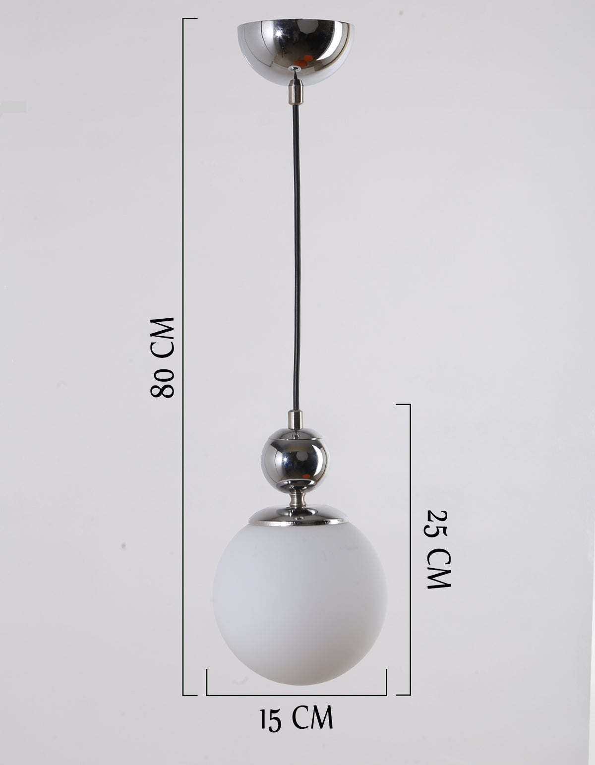 Schéma technique de la suspension globe blanc opale et chrome brillant hauteur 80 cm et diamètre 15 cm