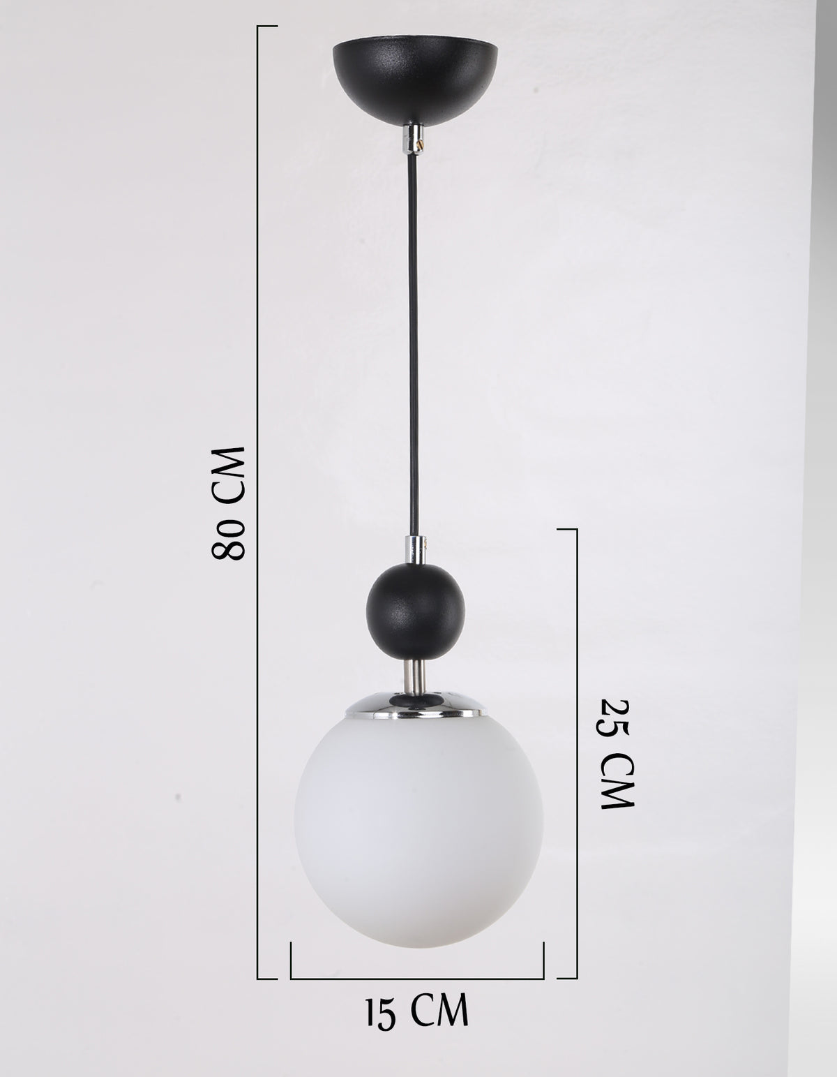 Schéma technique du lustre suspendu globe blanc opale, hauteur 80 cm et diamètre 15 cm