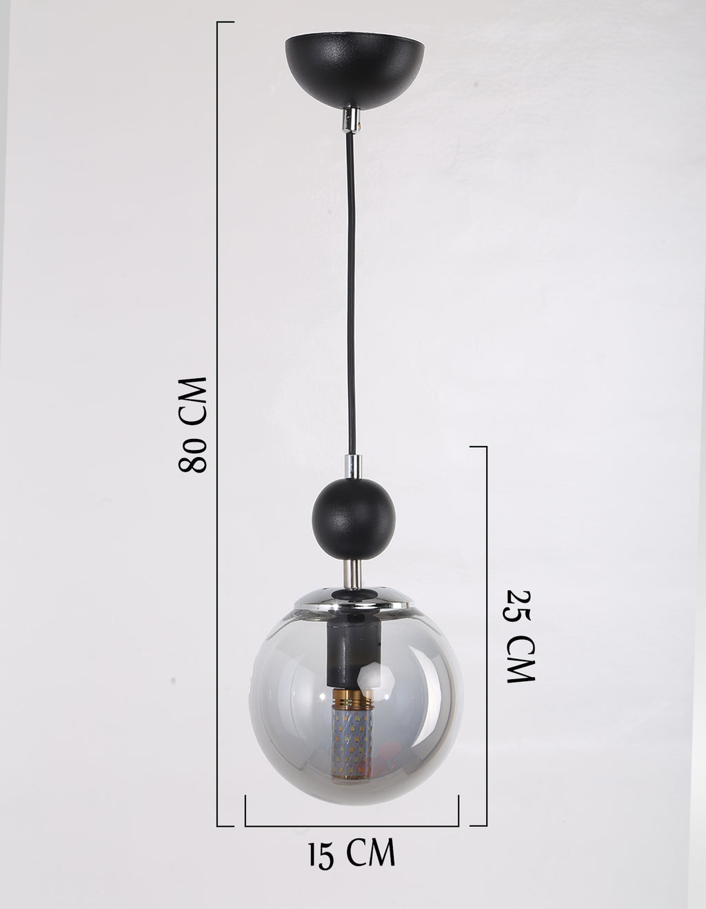 Dimensions du lustre suspendu globe transparent fumé : hauteur 80 cm et diamètre 15 cm