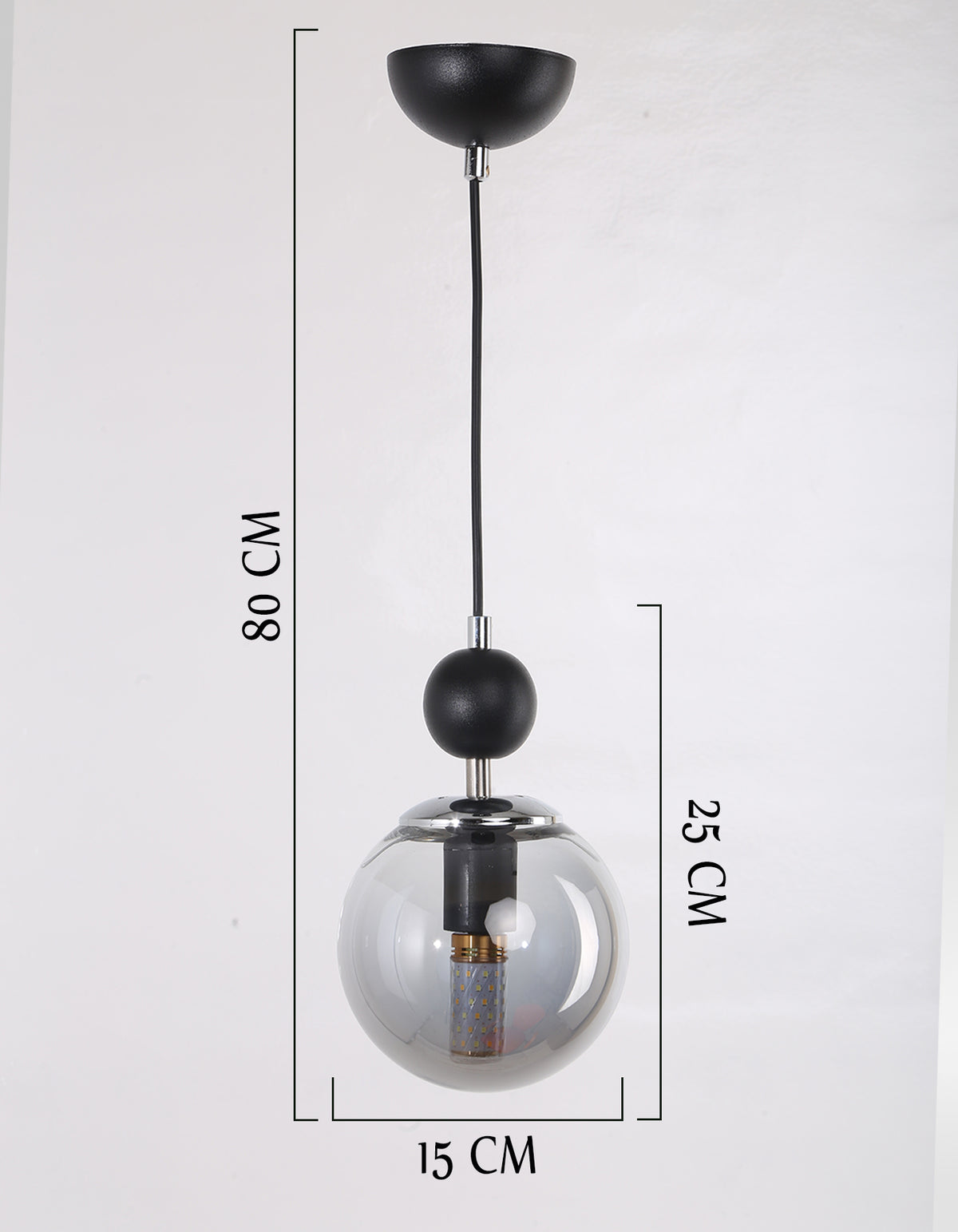 Dimensions du lustre suspendu globe transparent fumé : hauteur 80 cm et diamètre 15 cm
