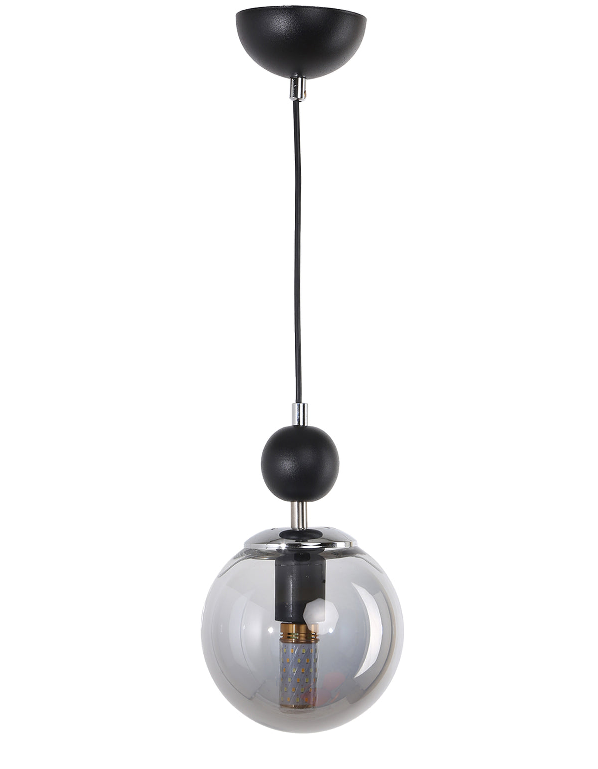 Lustre suspendu moderne à globe transparent fumé avec structure noire mate et monture chromée