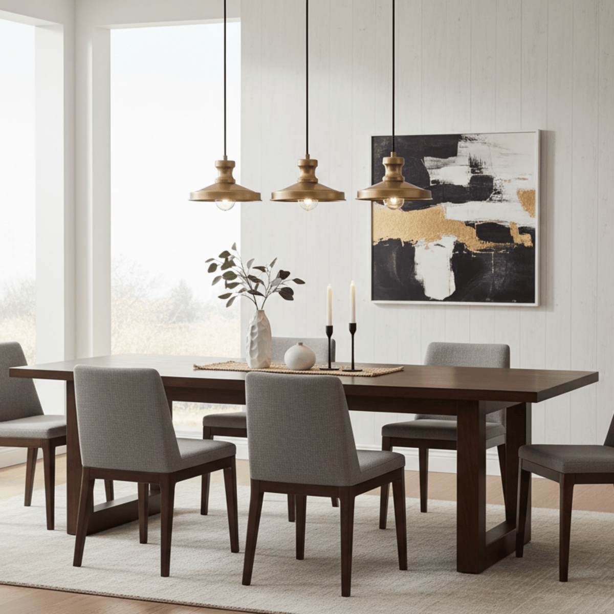Lustre suspendu linéaire 3 lumières doré au-dessus d’une grande table à manger