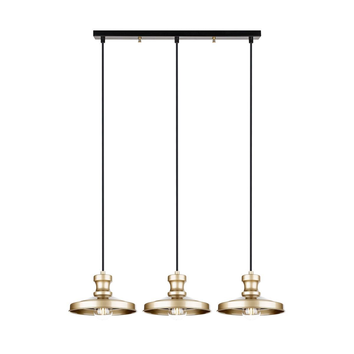 Vue de face du lustre suspendu linéaire 3 lumières doré avec rosace noire