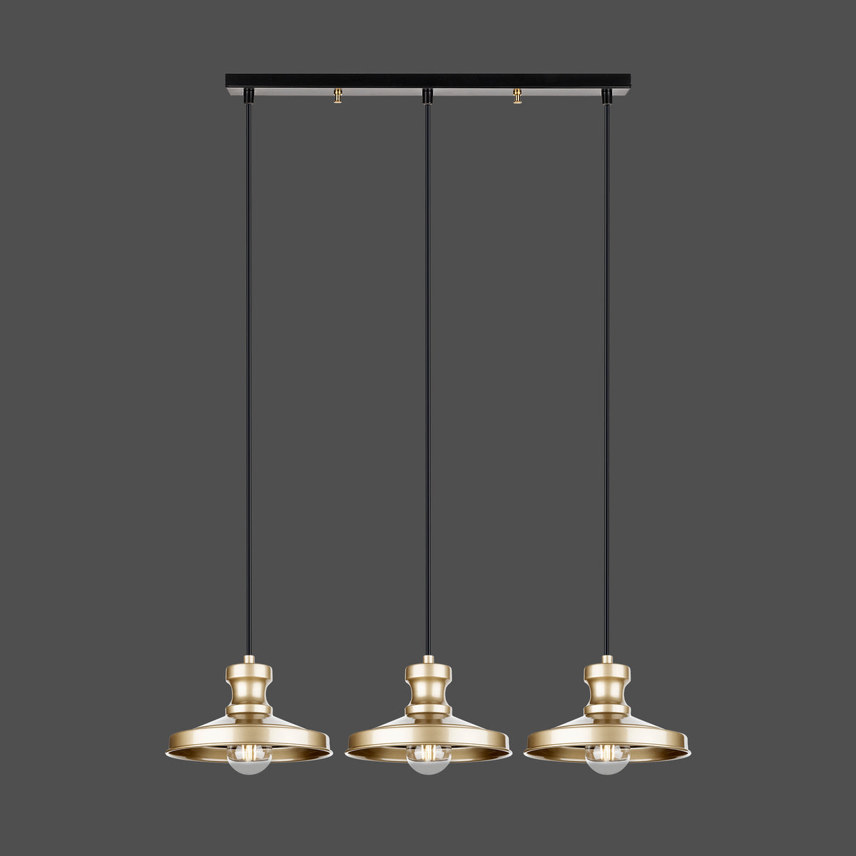 Lustre linéaire 3 suspensions dorées avec rosace noire sur fond gris