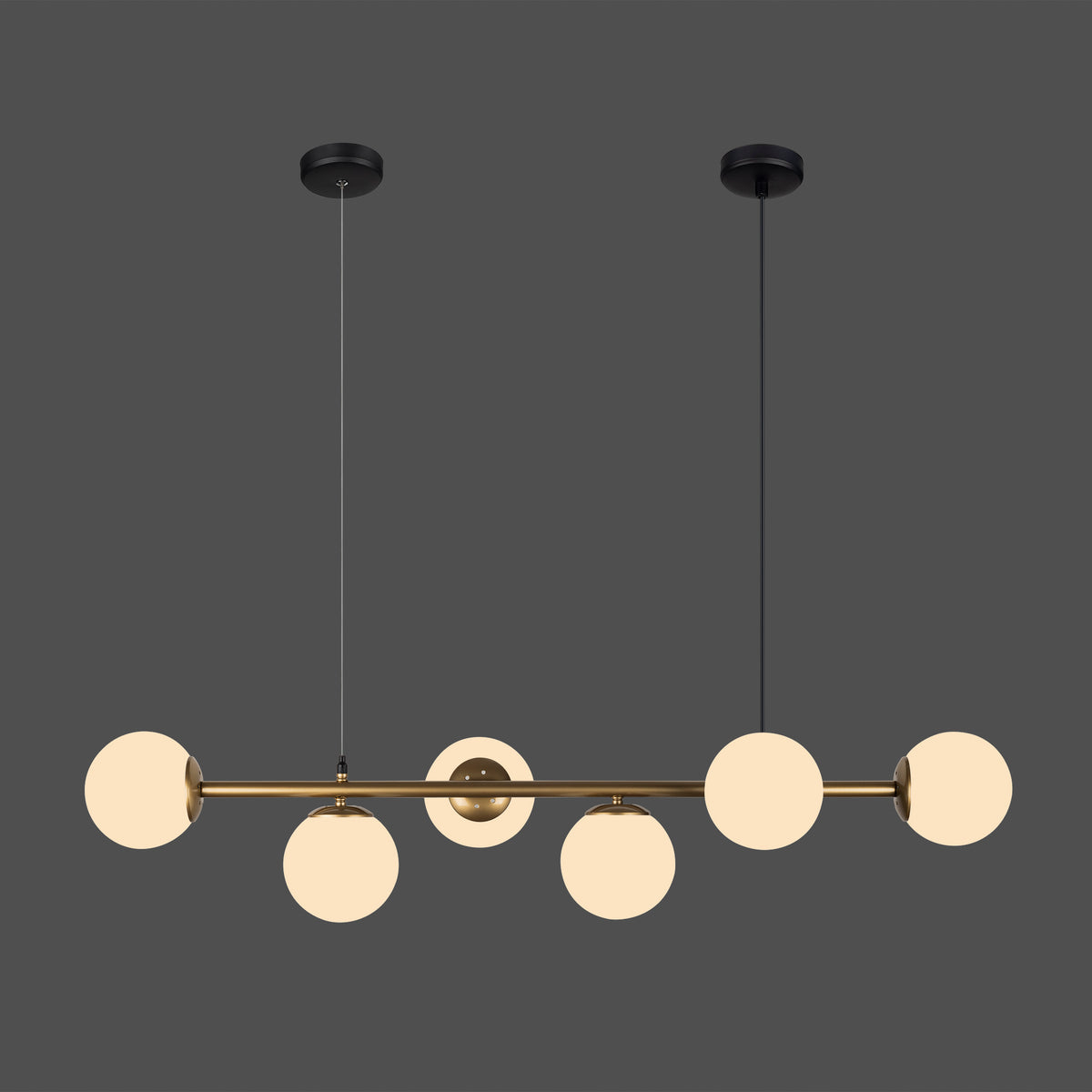 Lustre linéaire 6 globes opale blanc allumé, largeur 124 cm