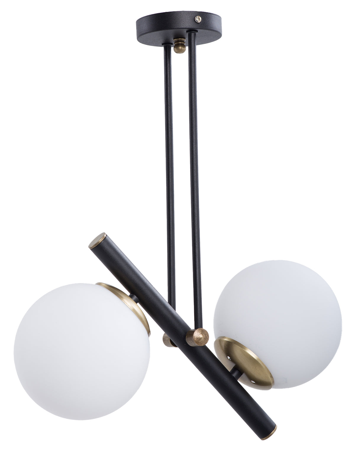 Vue en angle du lustre 2 globes opale blanc avec structure noire et détails dorés