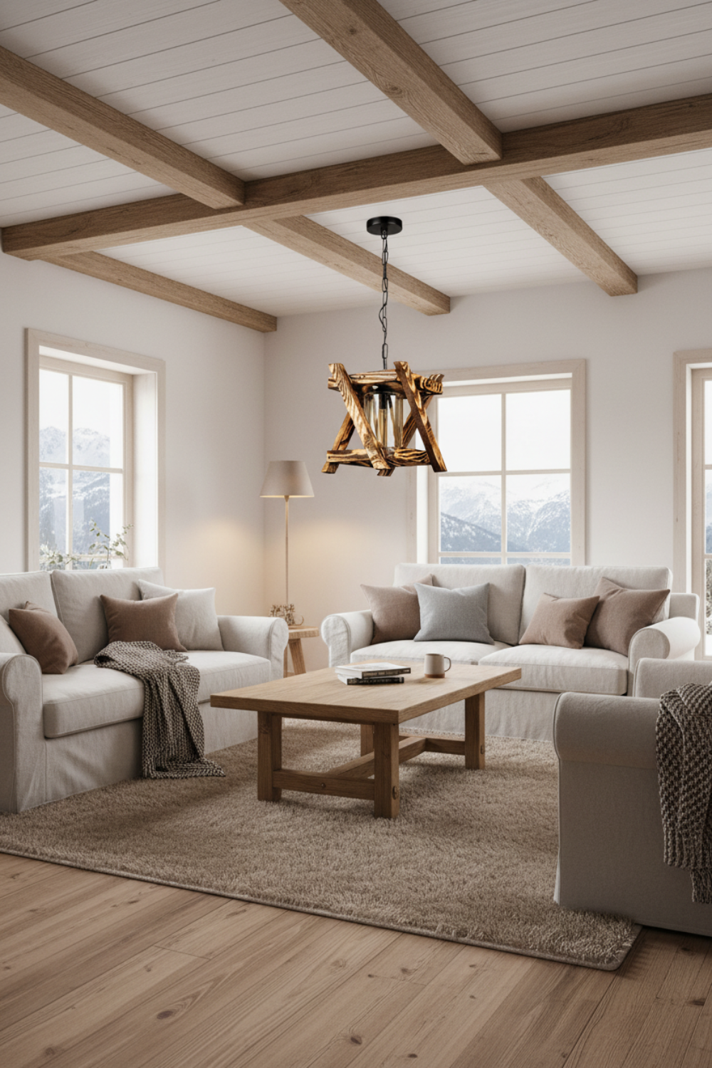 Lustre suspendu rustique en bois naturel avec structure poutres entrecroisées – design artisanal E27