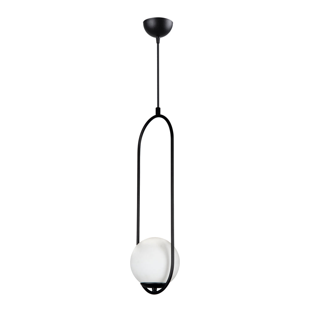 Lustre suspendu à cadre ovale noir avec globe en verre blanc opale