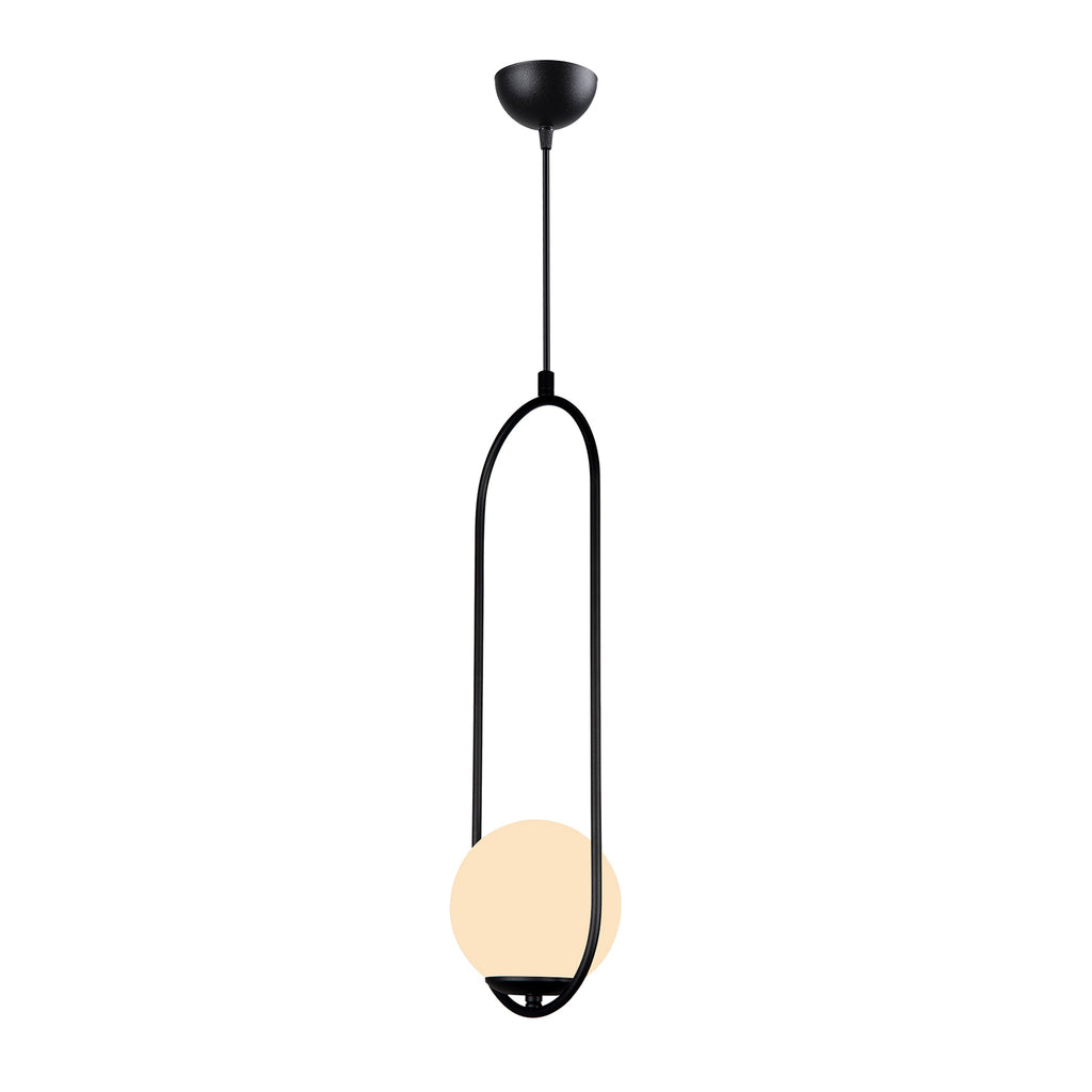 Lustre suspendu cadre ovale noir avec globe blanc opale allumé