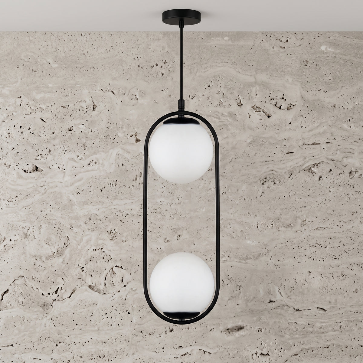Lustre suspendu double globe en verre opale blanc avec structure ovale noire
