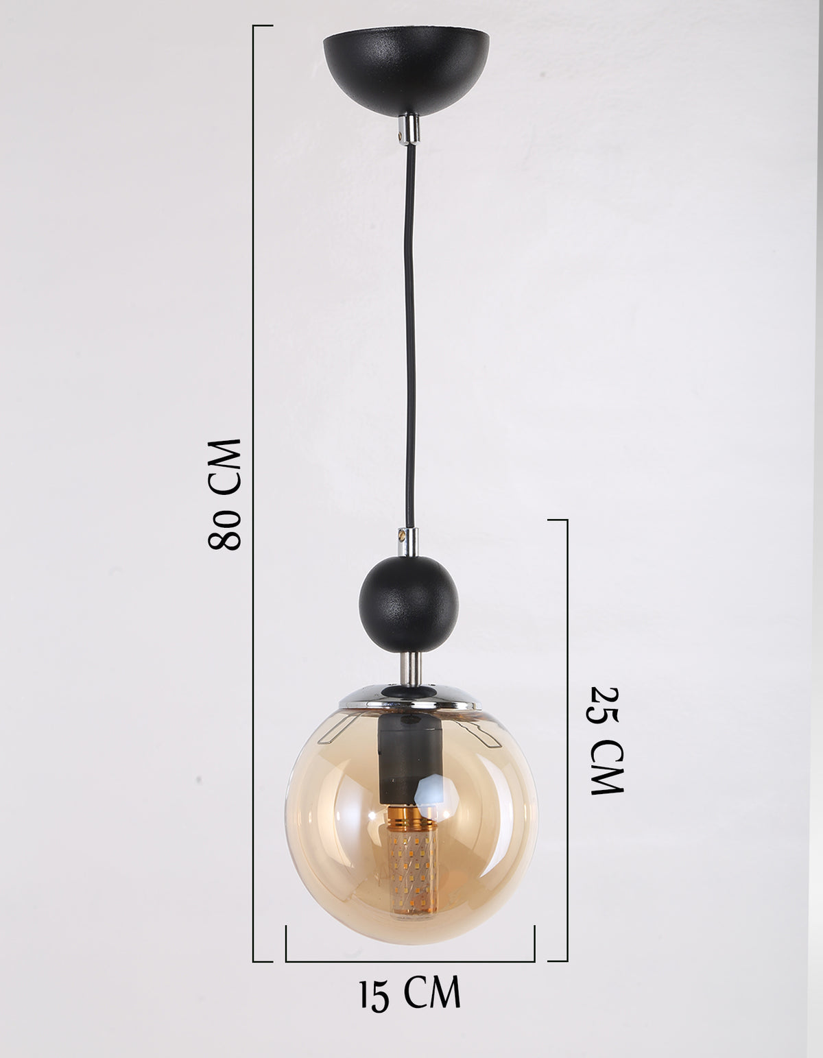 Schéma technique du lustre suspendu globe ambré hauteur 80 cm et diamètre 15 cm