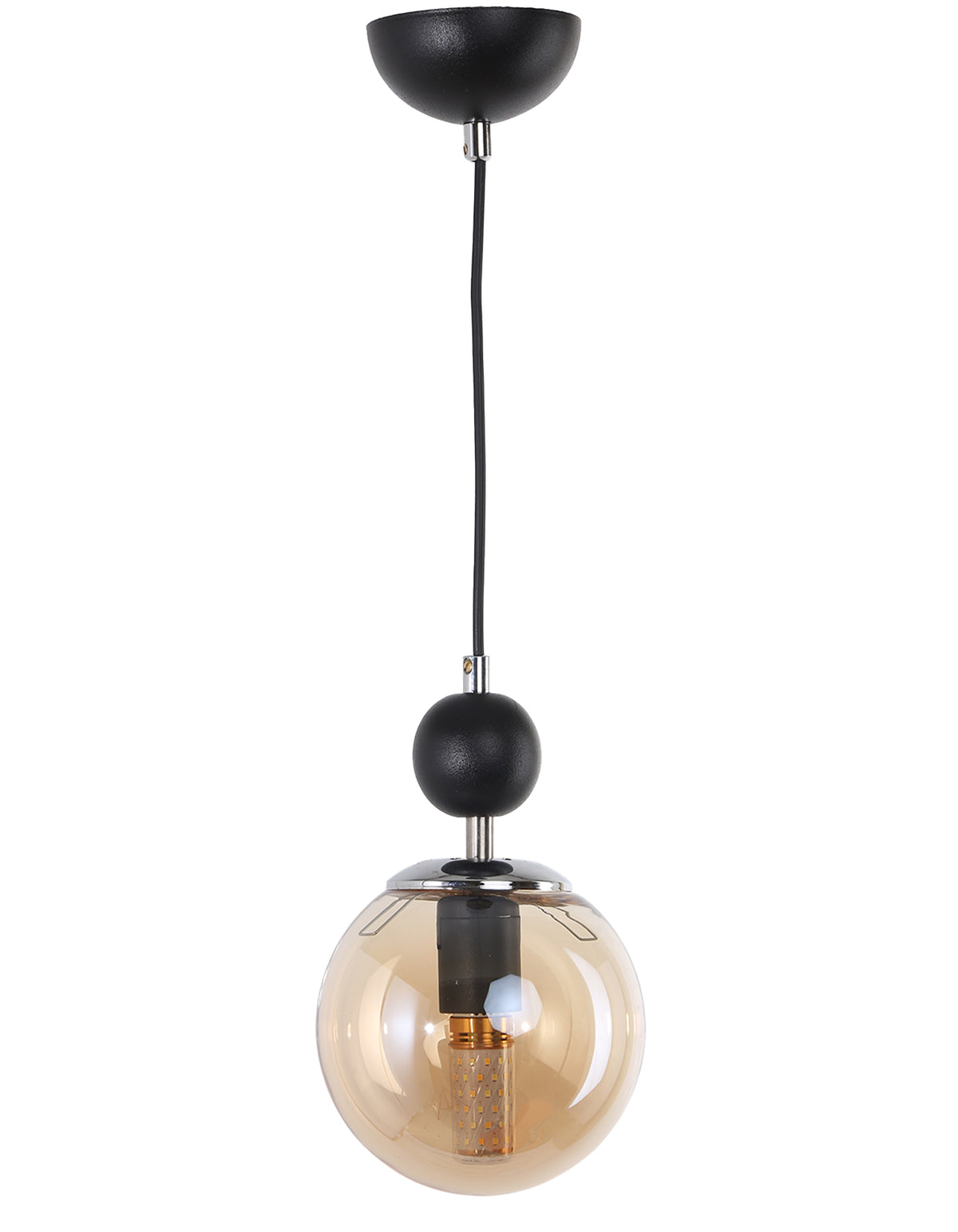 Vue de face du lustre suspendu globe ambré avec structure noire mate et détails chromés