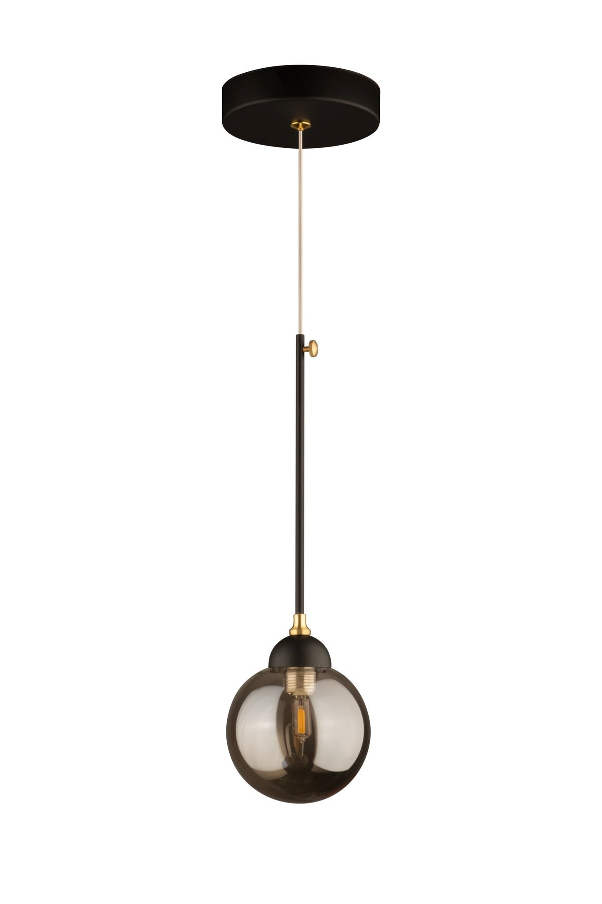 Lustre suspendu à globe en verre fumé, structure noire et détails dorés