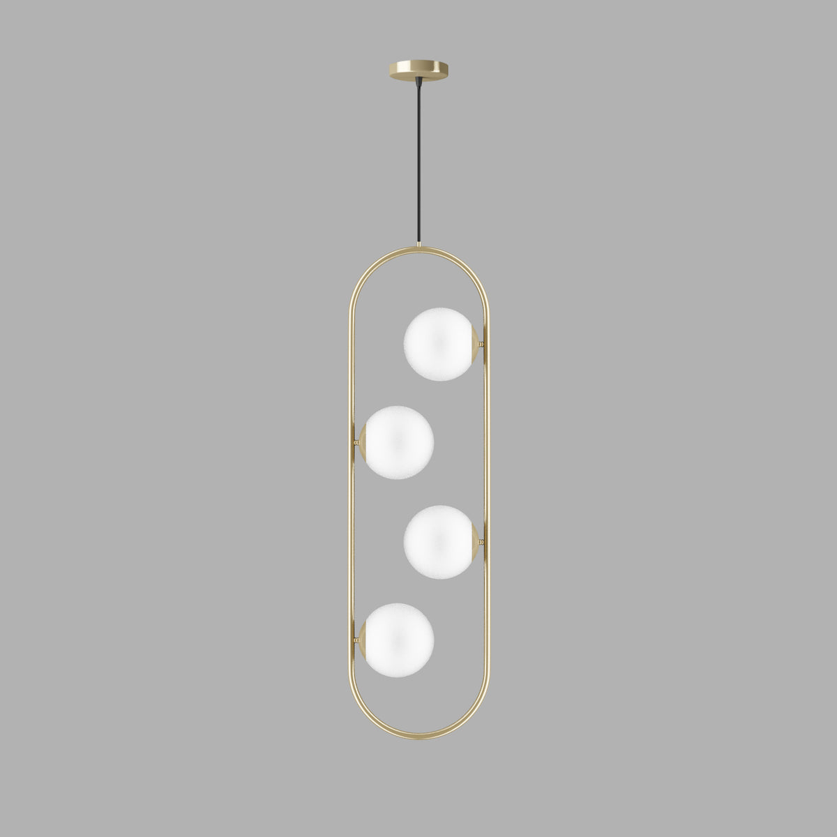 Vue de face du lustre vertical 4 globes opale avec cadre ovale doré