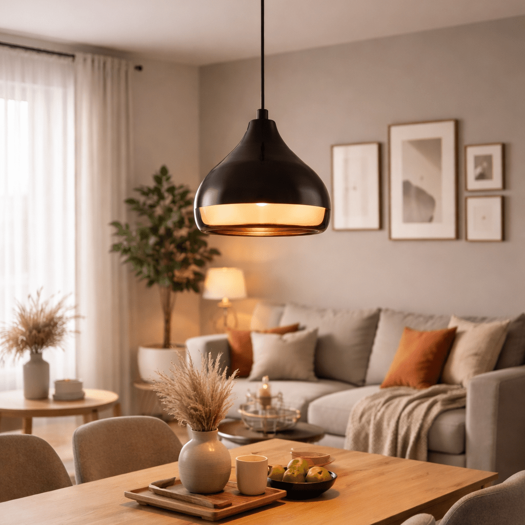 Lustre suspendu industriel installé au-dessus d’une table à manger
