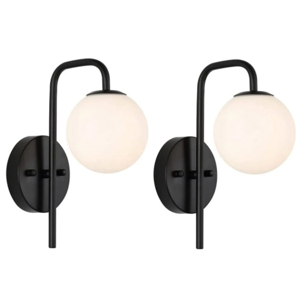 Paire d'appliques murales globe en verre blanc opale avec structure noire
