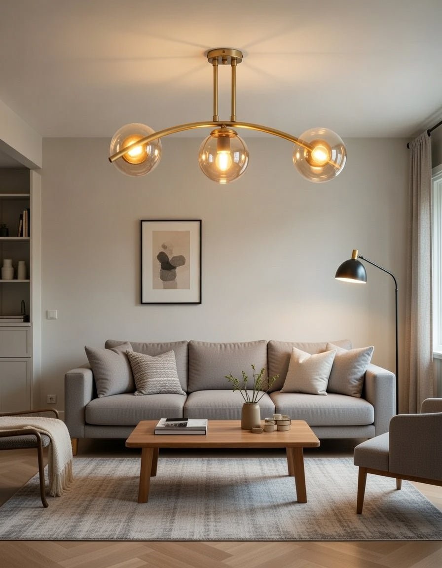 Plafonnier 3 globes ambrés installé dans un salon contemporain