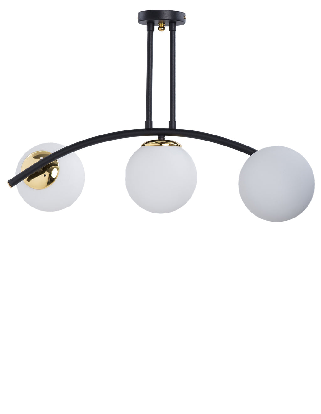 Vue de face du plafonnier 3 globes en verre blanc opale avec structure noir mat et détails dorés